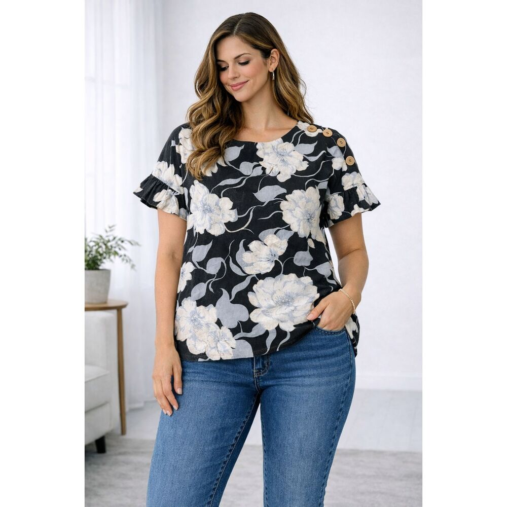 Ellen Tracy Black White Floral Button Shoulder Blouse Linen Blend Top Size L